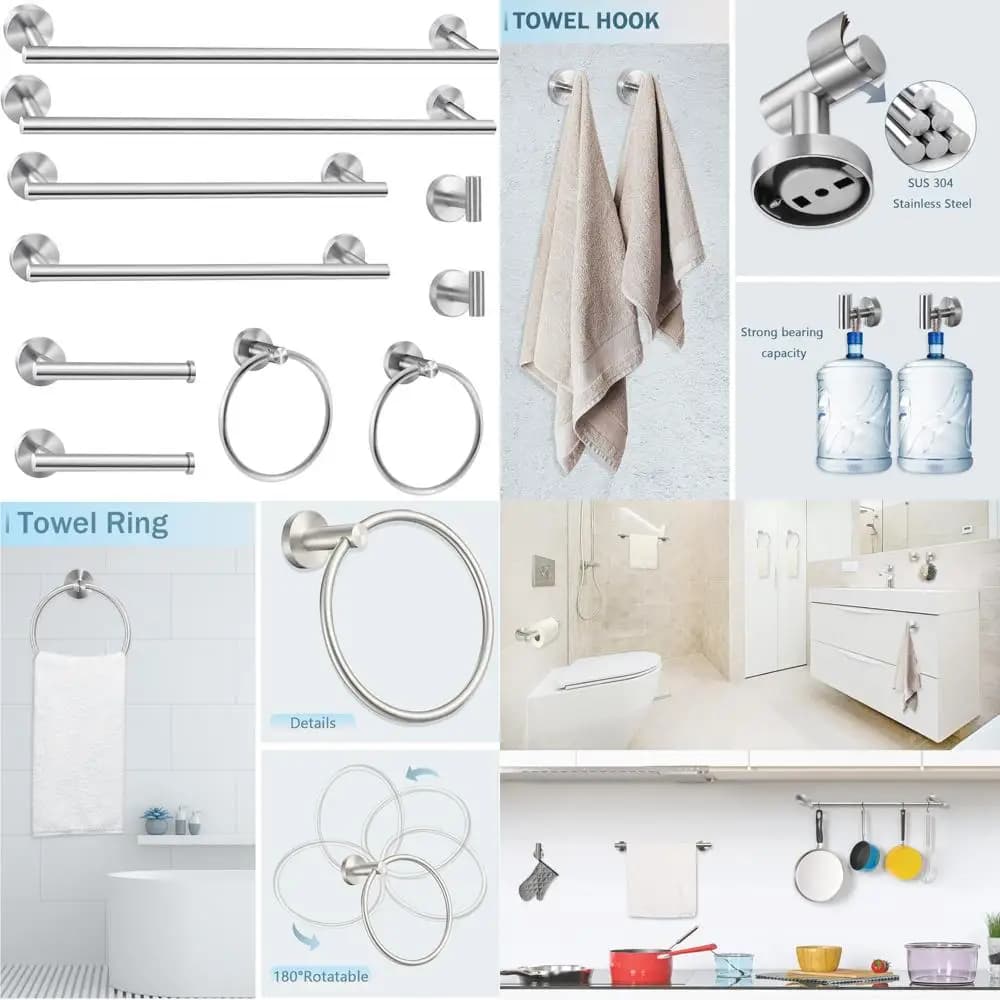 24 inch brushed nickel modern bathroom accessories set with towel, ring, toilet paper holder and bathrobe hook
