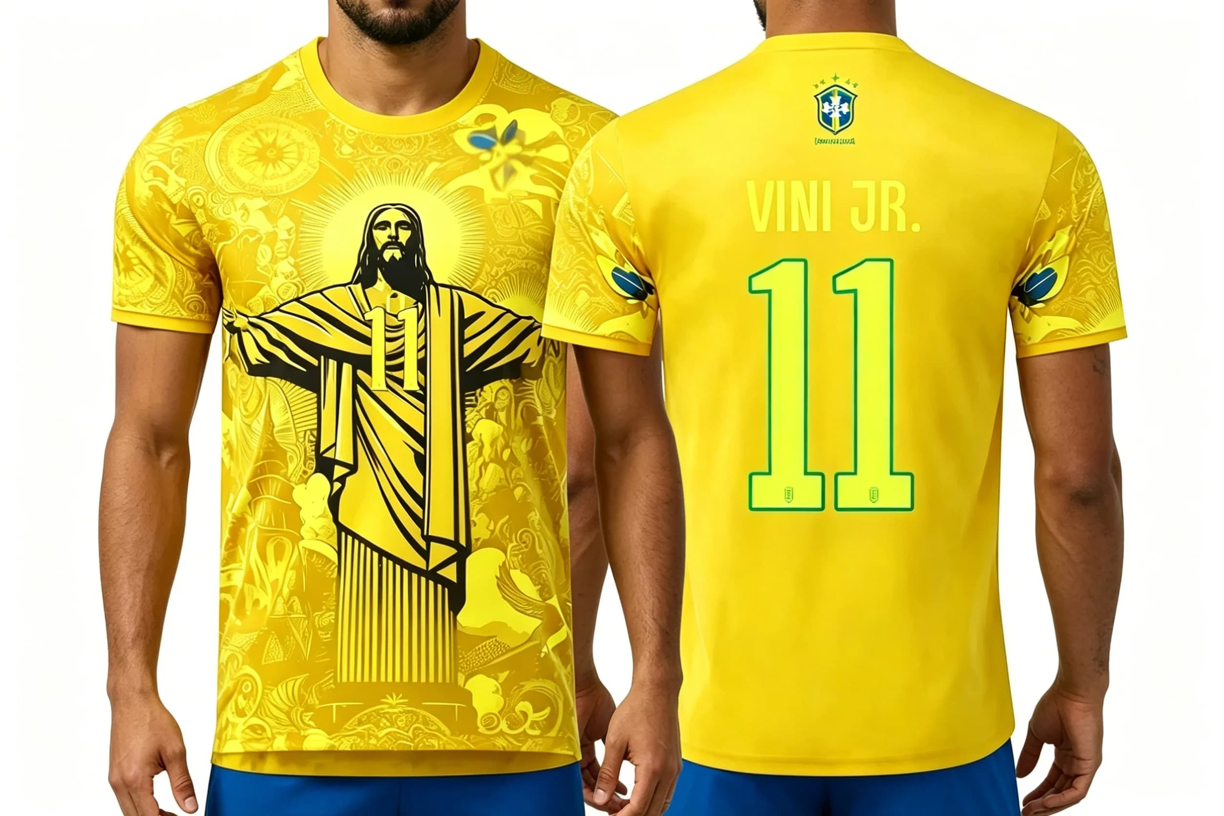 T-shirt con Statua di Cristo sul Davanti e VINI JR.11 sul Retro per Abbigliamento Sportivo Casual