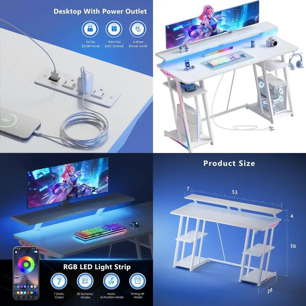 Carbon Fiber LED Play Desk with Monitor Support, Adjustable Shelfs and Power Grips - White