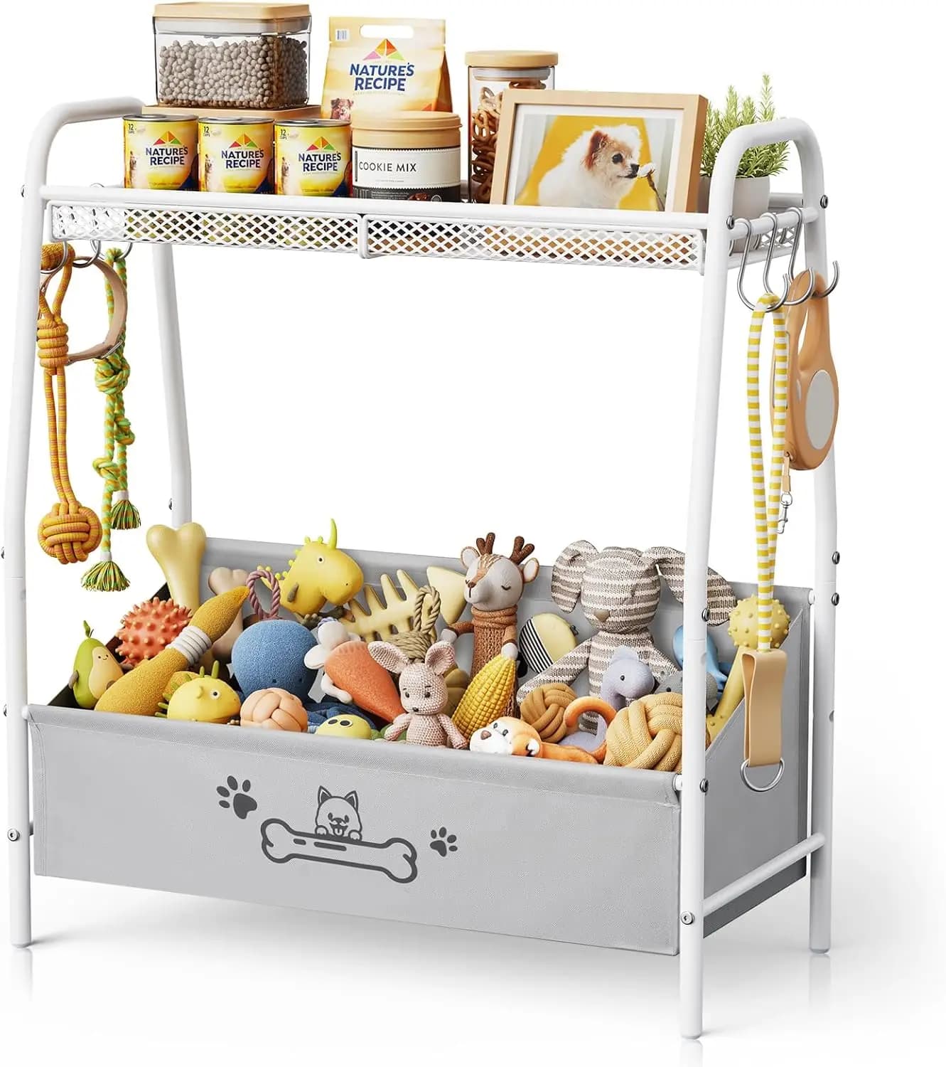 Large dog toys basket with shelf and hooks, trapezoidal organizer for toys and pet accessories