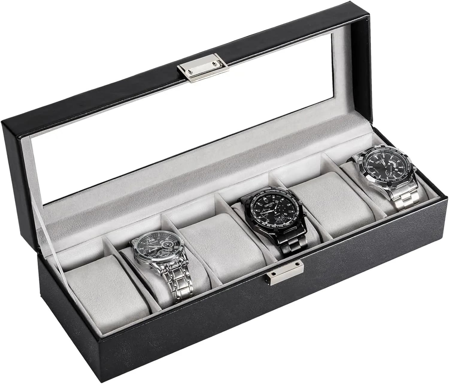 6-Slot Watch Box with Glass Lid - PU Leather Display Case Organizer for Men Women, Anniversary Birthday Gift