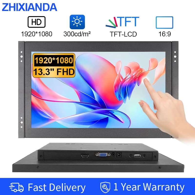 Monitor touch screen capacitivo con resistenza montata a parete VASE di grado industriale a telaio aperto da 13,3 pollici 1920x1080 con HDMI VGA USB