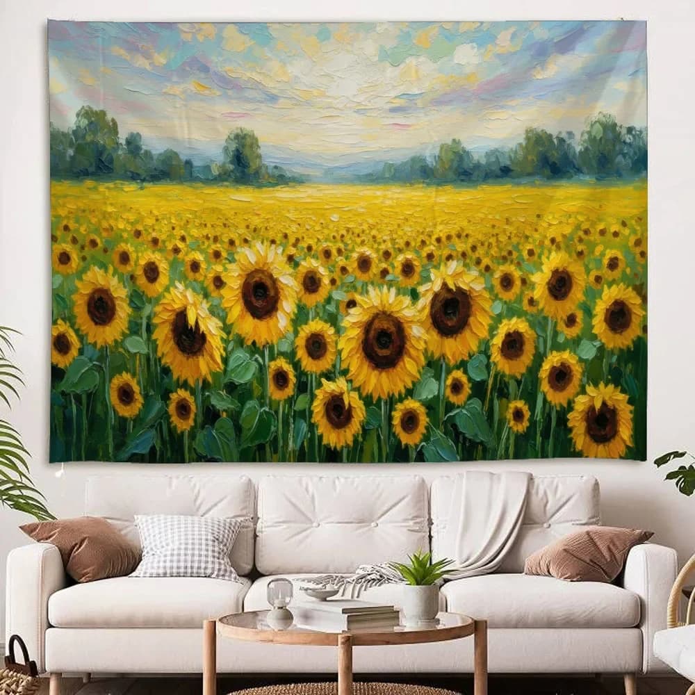 Sunflower Oil Painting Tapestry - Living Room Wall Hanging Art Music Party Background Aesthetic Home Decor