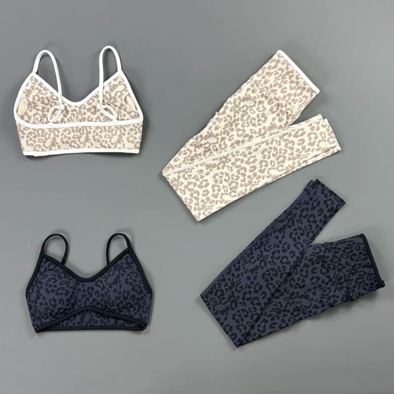 HISTELLO 2Pcs Leopard Yoga Bra Leggings Set Women Butt Lifting Legging Sexy Backless Sports Bra Removable Pad Gym Workout Suit