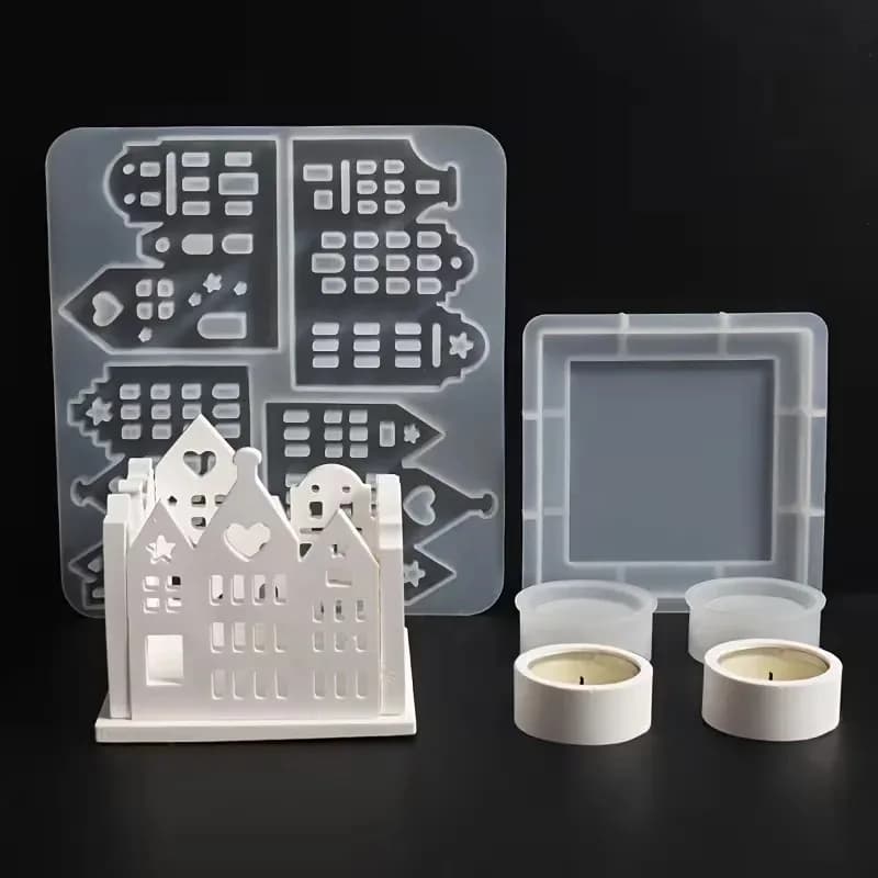 1Set Silicone House Molds Hollowed-Out Castle Shaped Design Tealight Candle Holder for Concrete Casting Home Decor