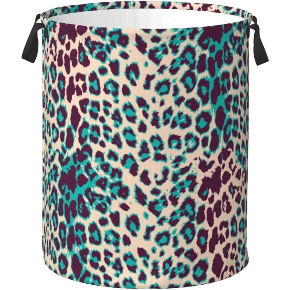 Bag for underwear with animal texture leopard with waterproof lining - Round linen basket Folding organizer to store clothes for Ba
