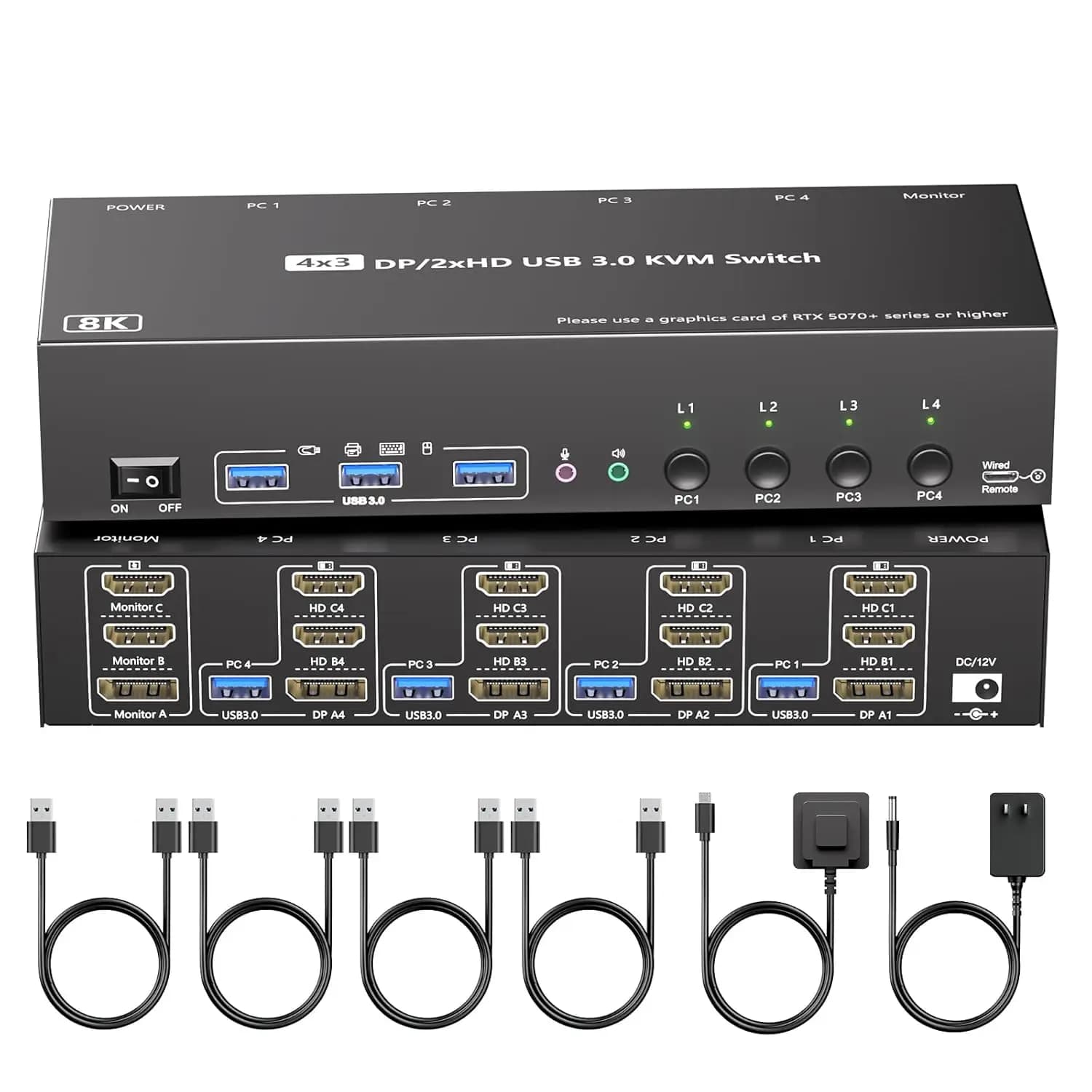 KVM Switch 3 Monitors 4 Computers with Audio, HDMI + DisplayPort 8K@30Hz/4k@144Hz DP KVM Switcher, USB 3.0 KVM Switches for 4 PC