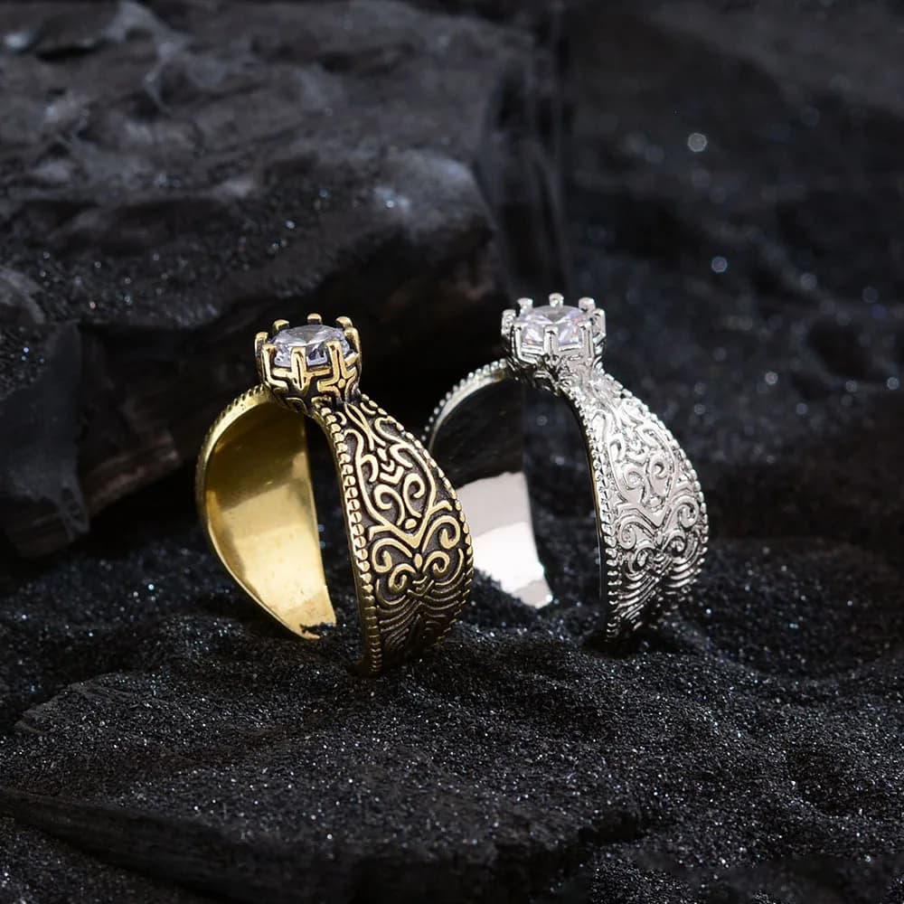 HX New Tang Grass Pattern Ring for Women Retro Light Luxury Adjustable Style Versatile Fashion Jewelry