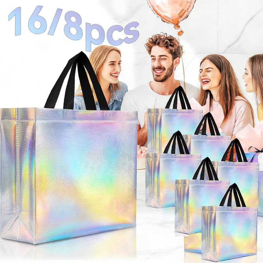 Sacchetti regalo iridescenti lucidi da 16/8 pezzi, sacchetti regalo riutilizzabili 27x32x10 cm sfusi con manici e base robusta, sacchetti regalo