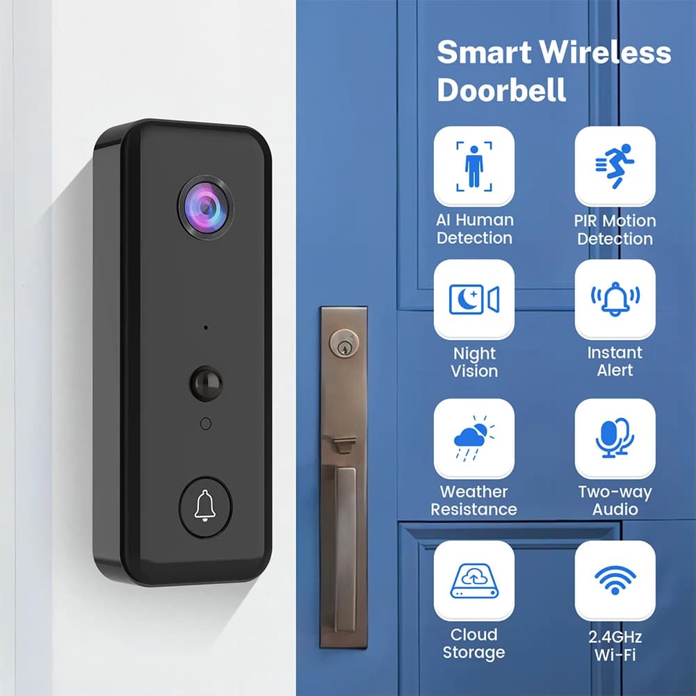 Campanello senza fili Telecamera a 2 vie 2.4G WiFi PIR Rilevazione movimento Audio Campanello per porta senza fili Video live HD Visione notturna per la casa