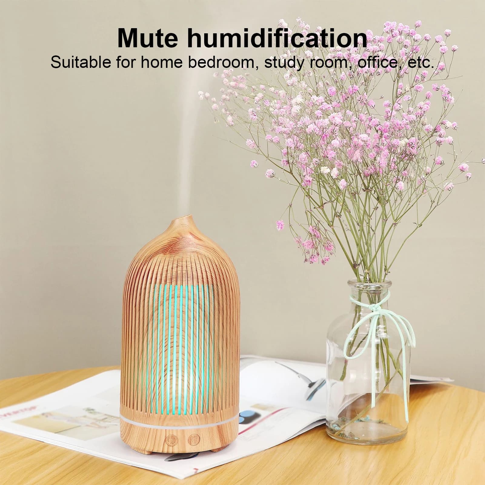Mini umidificatore cavo da 200 ml con luce notturna Diffusore di aromi alimentato tramite USB Grana di legno chiaro da 5 V