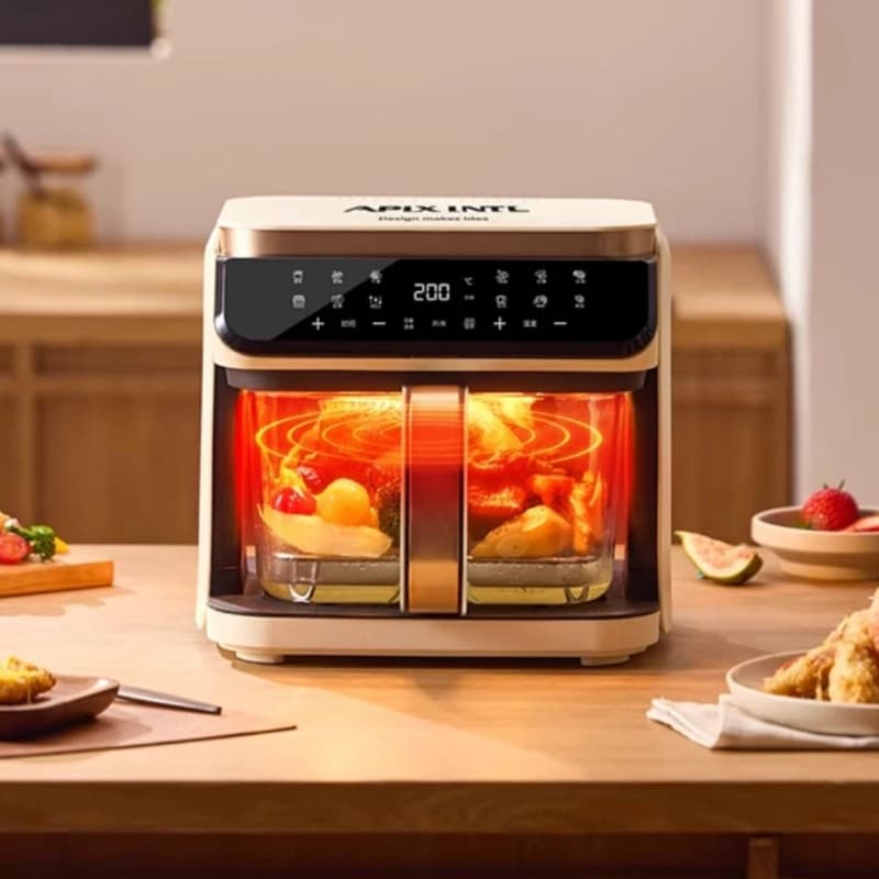 Transparent and visible air fryer with internal glass coating for domestic use, it is not necessary to overturn