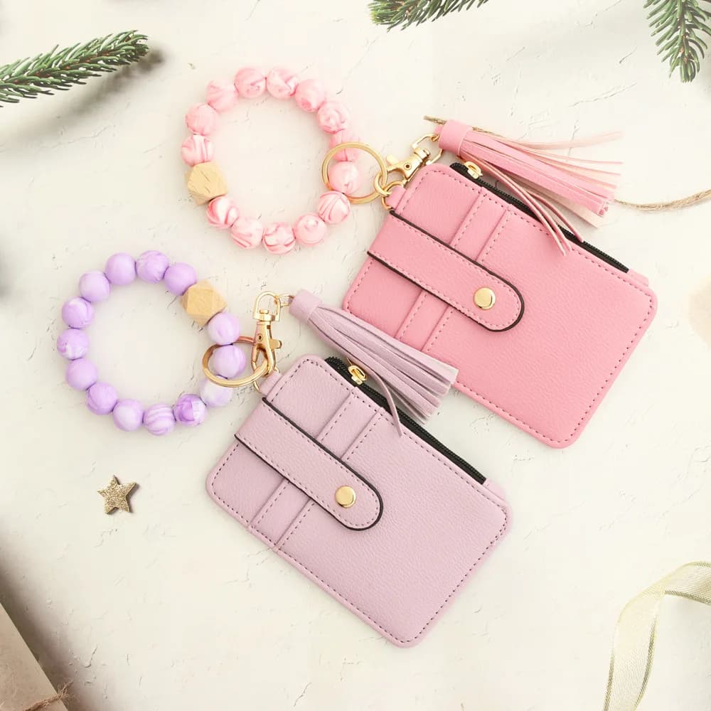 European American Keychain with Documents, Bracelet, Leather Designer Wallet, Silicone Credit Card Holder with Beads