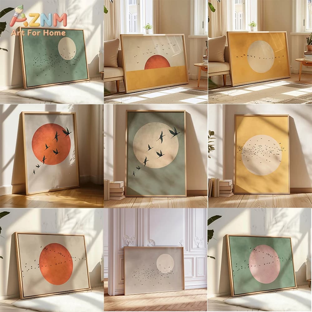 Stampa Artistica Japandi con Grappolo di Uccelli Verde Salvia e Giallo, Arte Murale Astratta con Uccelli in Volo Arancione Bruciato, Decorazione per Soggiorno e Camera da Letto