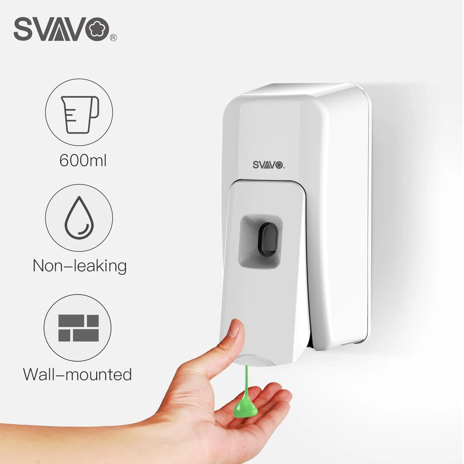 SVAVO - Dispenser di sapone liquido a pressione manuale da parete 600 ml per cucina, bagno Materiale ABS bianco