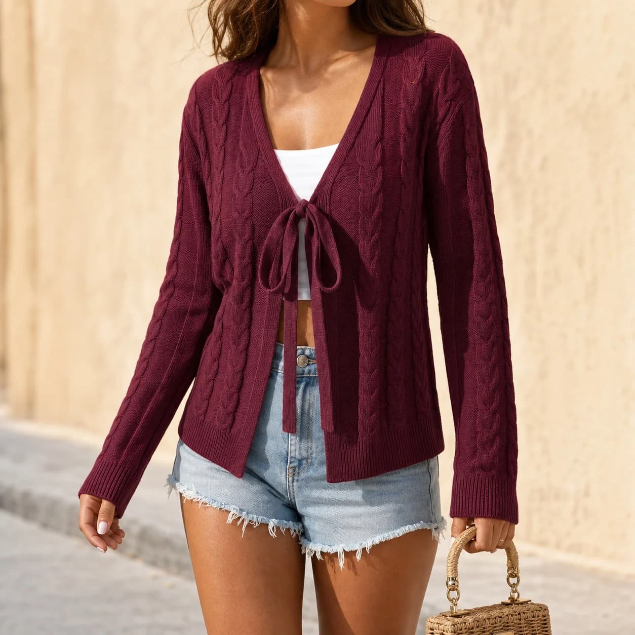Women's Long Sleeve V Neck Short Length Loose Fit Lightweight Cable Cardigan with Tie Belt Bow Tie Buttonless Female Outerwear