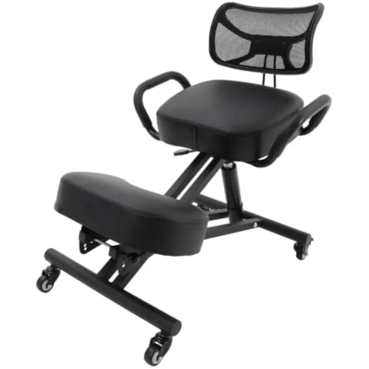 Ergonomic kneeling posture chair with breathable mesh backrest, height-adjustable steel frame, padded knee cushion, 360-degree s