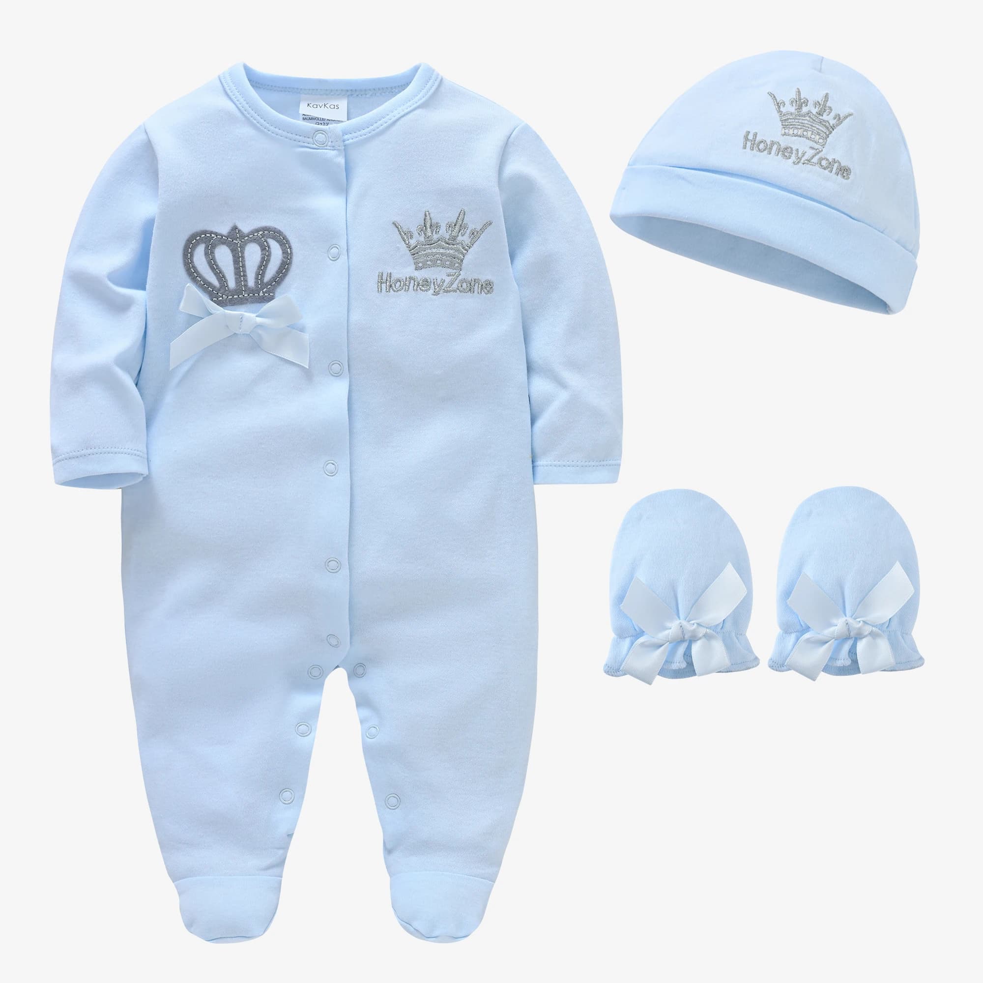 Baby Boy Crown Embroidery Romper Set Autumn Light Blue Double Knit Cotton Long Sleeve Footed Jumpsuit with Hat Mittens 1Set