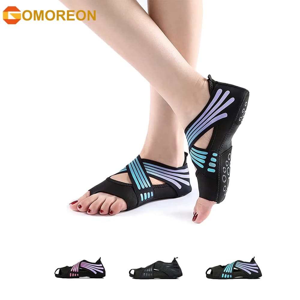 1 pair of yoga socks with grips and non-slip straps without fingers, for pilates, bars, ballet, bikram, training for women