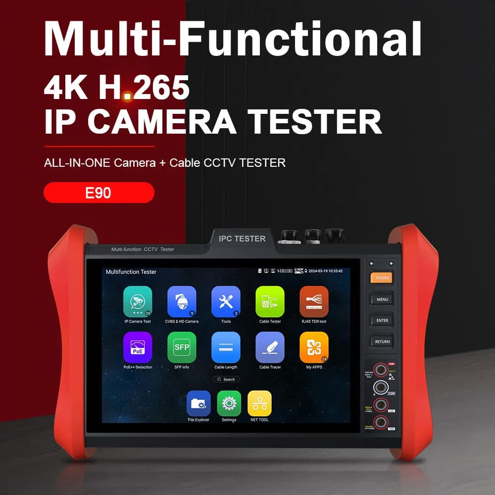 IPC E90 CCTV Monitor Tester with 8-inch Touch Screen, POE++ 90W, SFP, 4K 8MP IP Camera, AHD/TVI/CVI CCTV Camera Tester, HDMI and VGA Input
