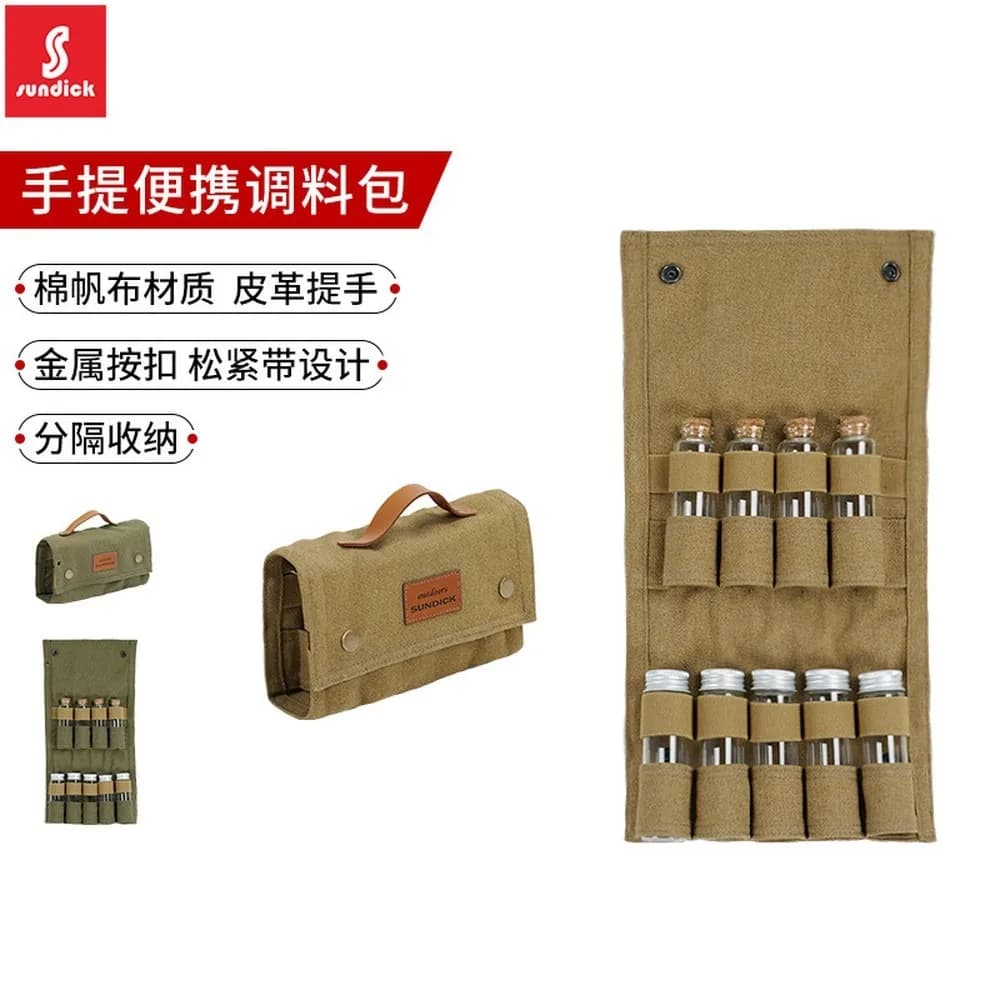 Canvas Camping Spice Bottle Bag, Glass Seasoning Bottle Set, BBQ Condiment Bottle Organizer, Portable Outdoor Cooking Storage