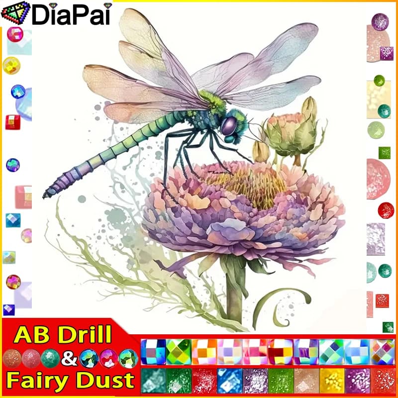 DIAPAI Fata Polvere AB Pittura Diamante Pieno Quadrato/Diamante Rotondo "Fiore di Libellula" Modello Ricamo Punto Croce 5D Strass