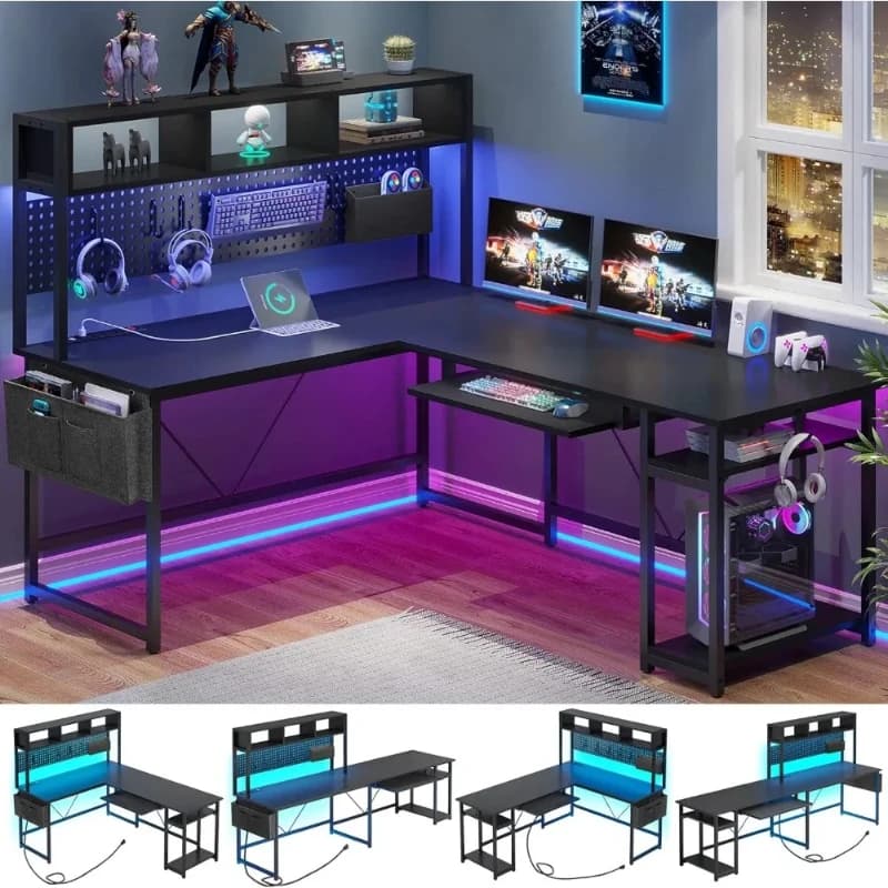 Scrivania da Gaming a L, Scrivania per Computer Reversibile con Presa di Corrente e Pannello Forato, Scrivania da Gaming con Luci LED