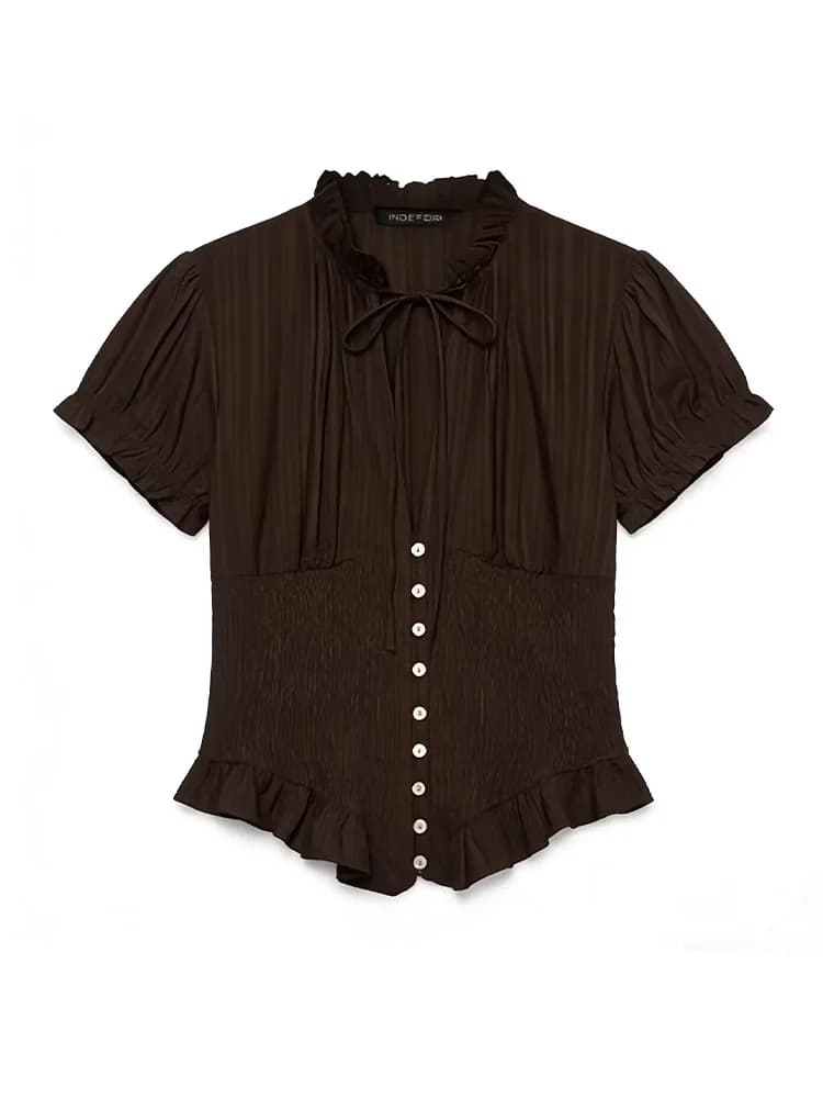 HH woman's blouse with decorative bow and short sleeves, single-breasted, pleated and elasticized, two-tone, solid color, Spring 2026