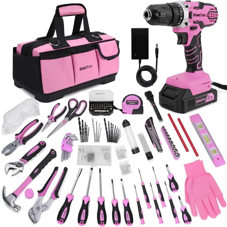 Set di utensili da 267 pezzi - Set di utensili rosa con trapano avvitatore a batteria da 21V rosa, kit di utensili per donne con custodia rosa