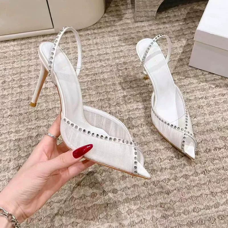Nuovi Sandali Estivi con Punta a Bocca di Pesce, Strass, Pizzo e Rete, Scarpe da Donna con Tacco Alto e Sottile per Cerimonie