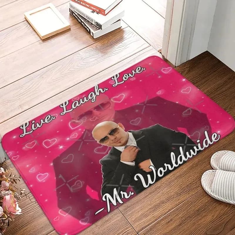 VIKAMA Mr Worldwide Live Laugh Love Doormat Pink Heart Celebrity Meme Rug Non Slip Soft Entrance Mat Bedroom Home Decor