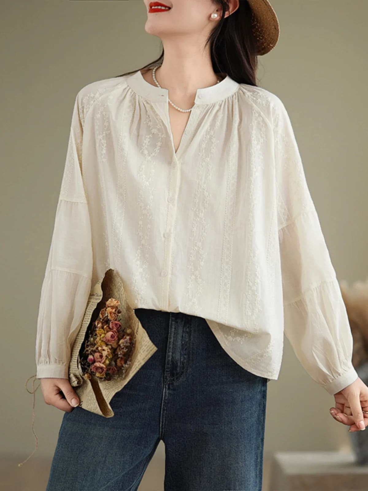 Top a Maniche a Lanterna con Ricamo Grande, Stile Bambola, Anti-Invecchiamento, Copri-Pancia, Snellente, per Donna, Primavera-Autunno