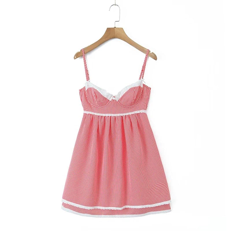YENKYE 2023 Women Lace Embellished Plaid Sling Mini Dress Sexy Sleeveless Back Lace Bracelet Ladies Party Skater Robe Summer Dresses