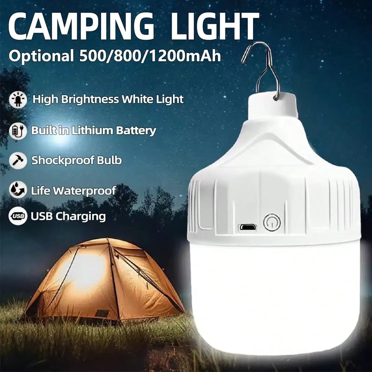 Portable Outdoor Camping Lights USB Rechargeable Lamp LED Emergency Bulb Hook High Power Tents Lantern Night Lights Bulb