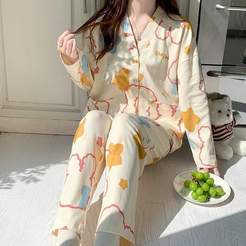 Autumn Winter Casual Nightwear Pajamas Set 100%cotton Shirt&pants Nightwear Print Outdoors Homewear V Neck Home Clothes