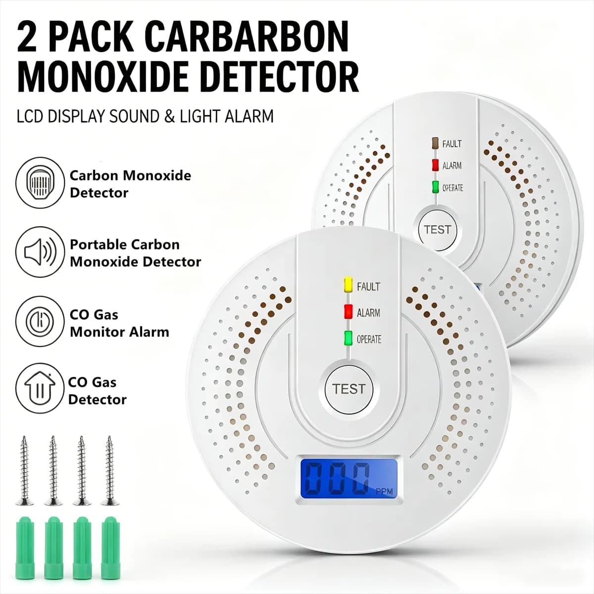 1/2PCS Digital Carbon Monoxide Detector Sound & Light Warning Sensor Battery Powered CO Gas Monitor Meter with LED Indicator
