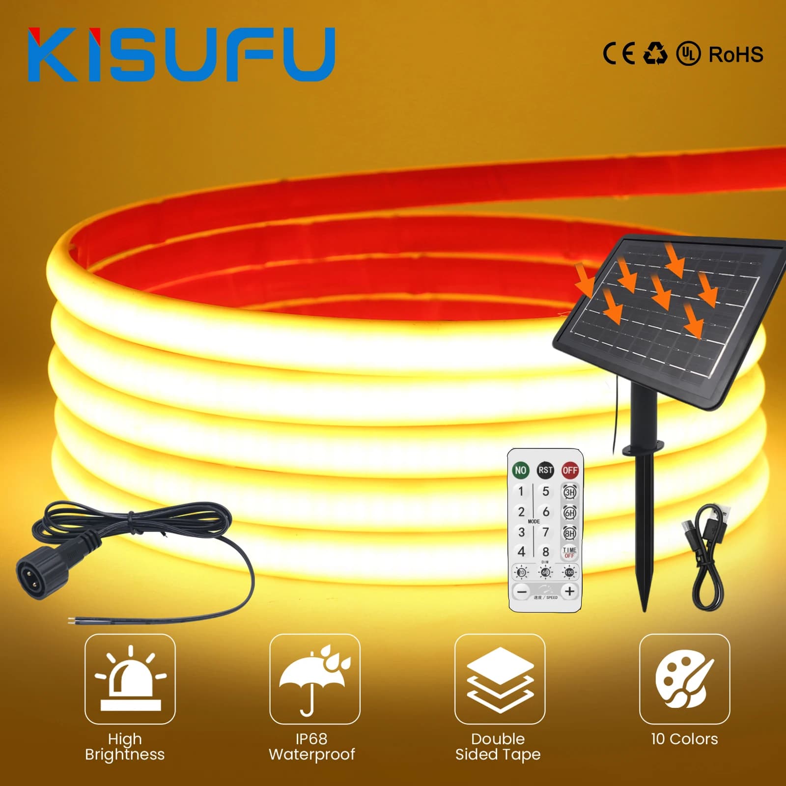 24V IP68 COB Solar Neon Light Strips With 6W/2.8W/1.3W Solar Panel Remote Kit 320LEDs/M Flexible Ribbon Lamp Outdoor 10 Colors