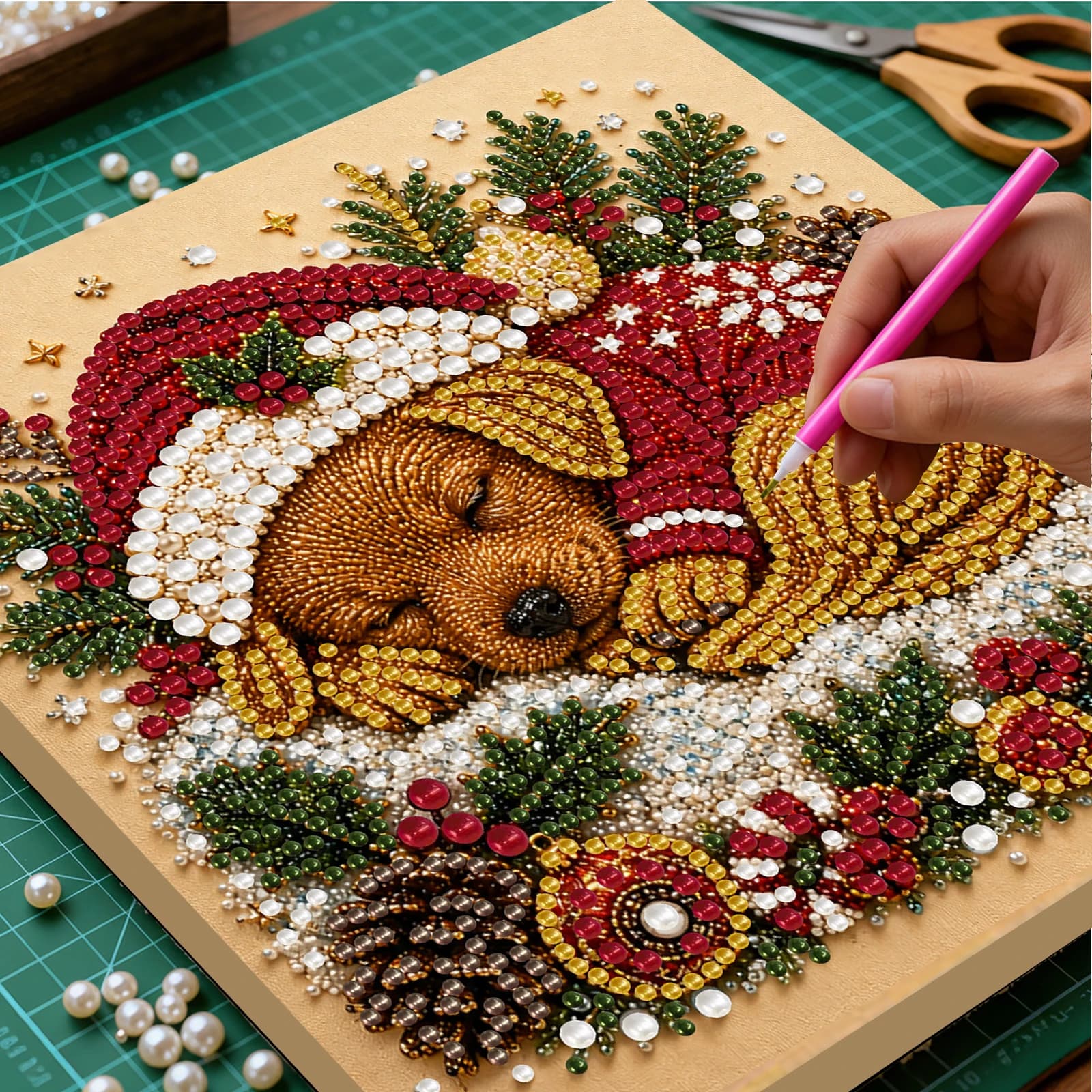 Christmas DIY Pearl Bead Painting Kit 20x20cm with Wooden Frame Self-Adhesive Art Craft Beginner Set