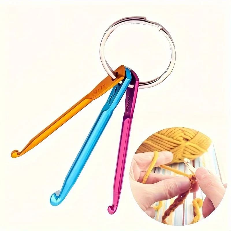 Set di uncinetti in alluminio da 3 pezzi/set con portachiavi - Strumenti per maglieria portatili multicolori per artigianato fai-da-te e accessori da viaggio