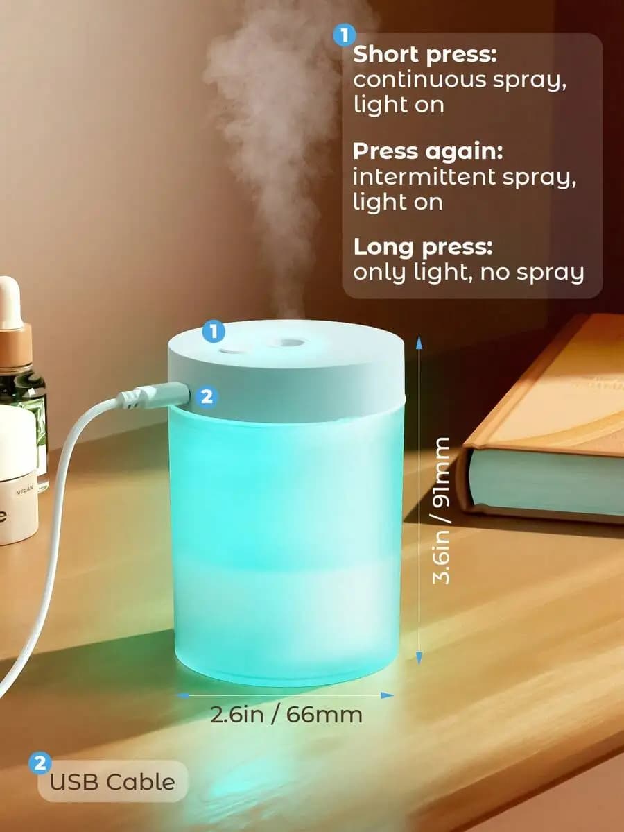 Mini umidificatore Teckwe per auto, camera da letto e scrivania - Alimentato tramite USB, grande emissione di nebbia, purificatore d'aria e aromaterapia