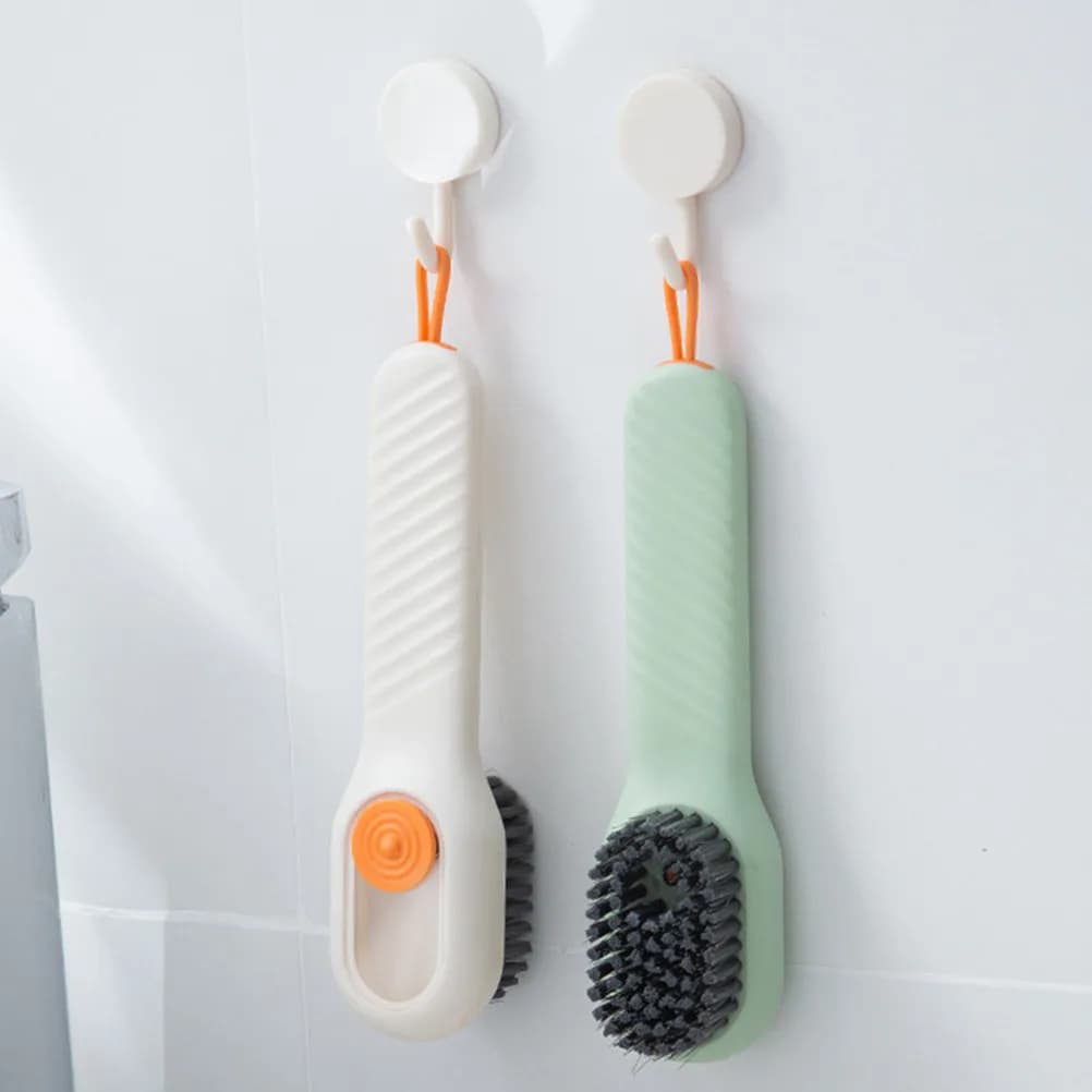 Set di 2 Spazzole per Pulizia Scarpe con Dispenser di Sapone, Manico Lungo, per Sneakers, Lavanderia e Bagno, Design Compatto