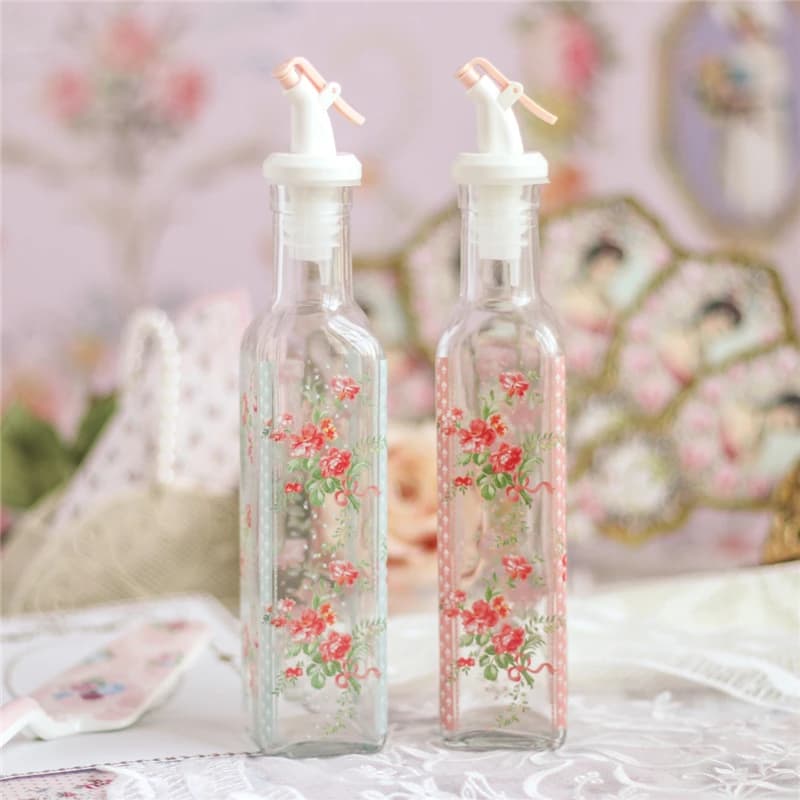 Conservazione della cucina bottiglia di salsa di soia carino fiocco fiore rosa Diningtable bottiglia di condimento in vetro Set 2 pezzi barattoli da 250ml per brocca di olio di spezie