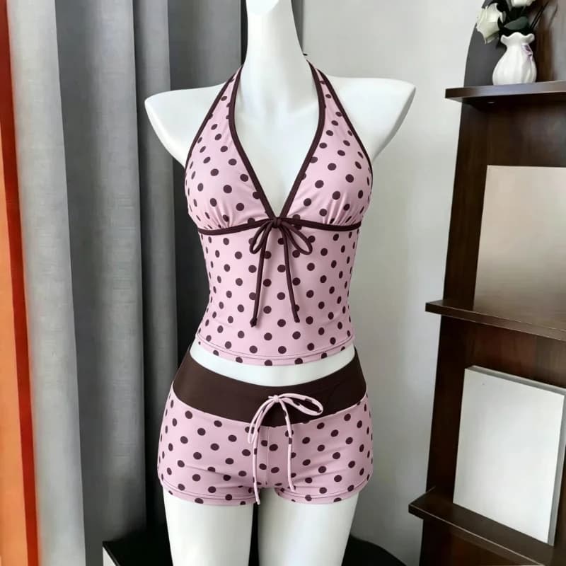 Y2k Polka Dot Print Sleeveless Top + Shorts Two-Piece Set Lace-Up Patchwork Japanese Vintage Bikini Set Women Swimsuit 2026