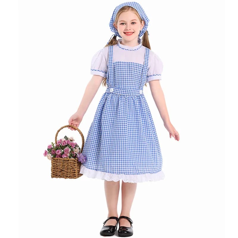 Costume di Halloween per ragazze Abito a quadretti blu Foulard 2 pezzi Set Cameriera francese Vestito cosplay Anime Lolita Party Dress