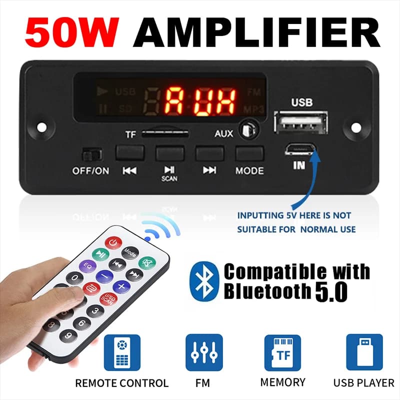 Amplificatore 50W Scheda di decodifica MP3 12V 25W 5V 18V Bluetooth 5.0 USB TF Modulo radio FM per altoparlante con registrazione vocale in vivavoce