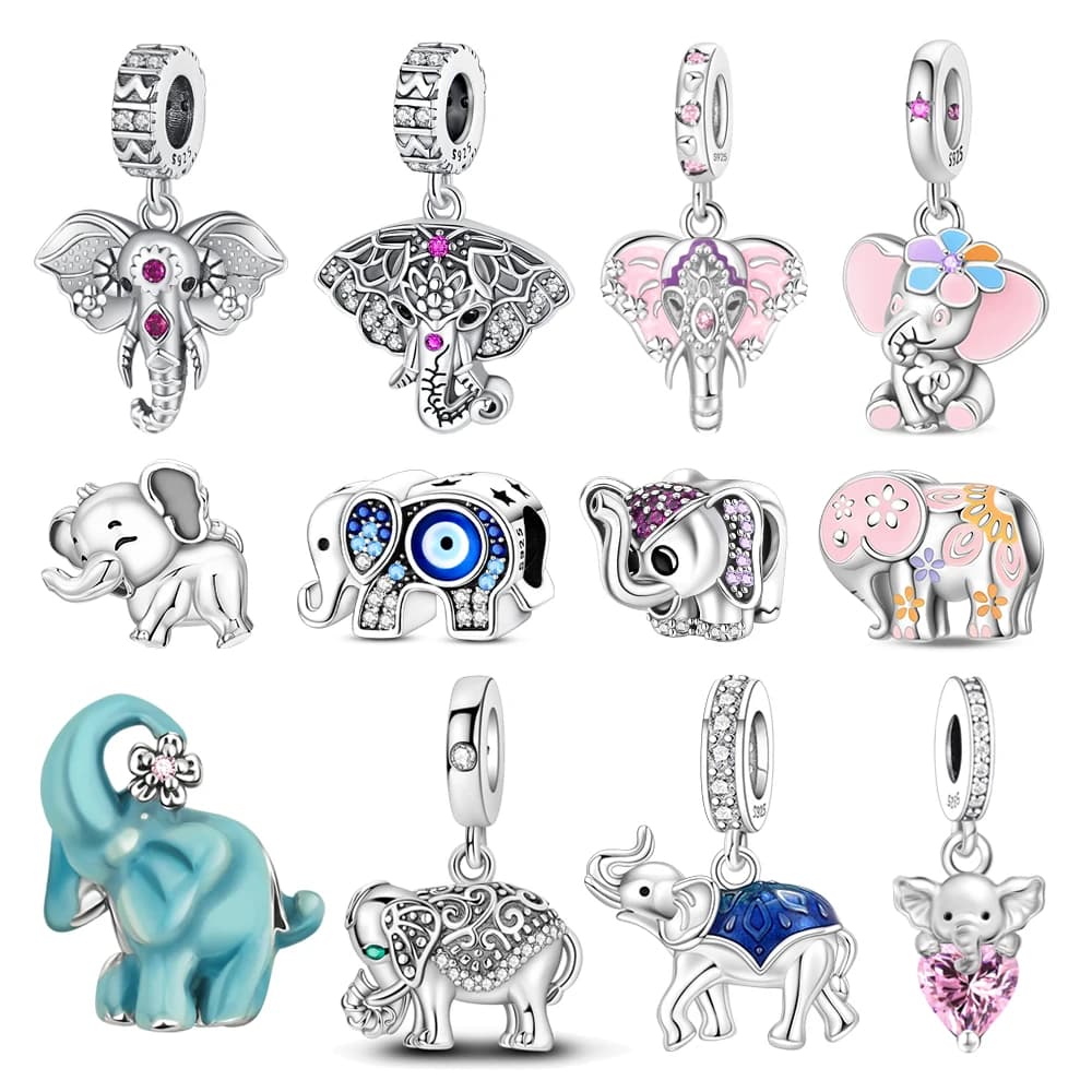 Ciondolo a forma di elefante giocoso e carino in argento sterling 925 della serie Animali, adatto per braccialetti e collane fai da te, decorazione combinata, regali