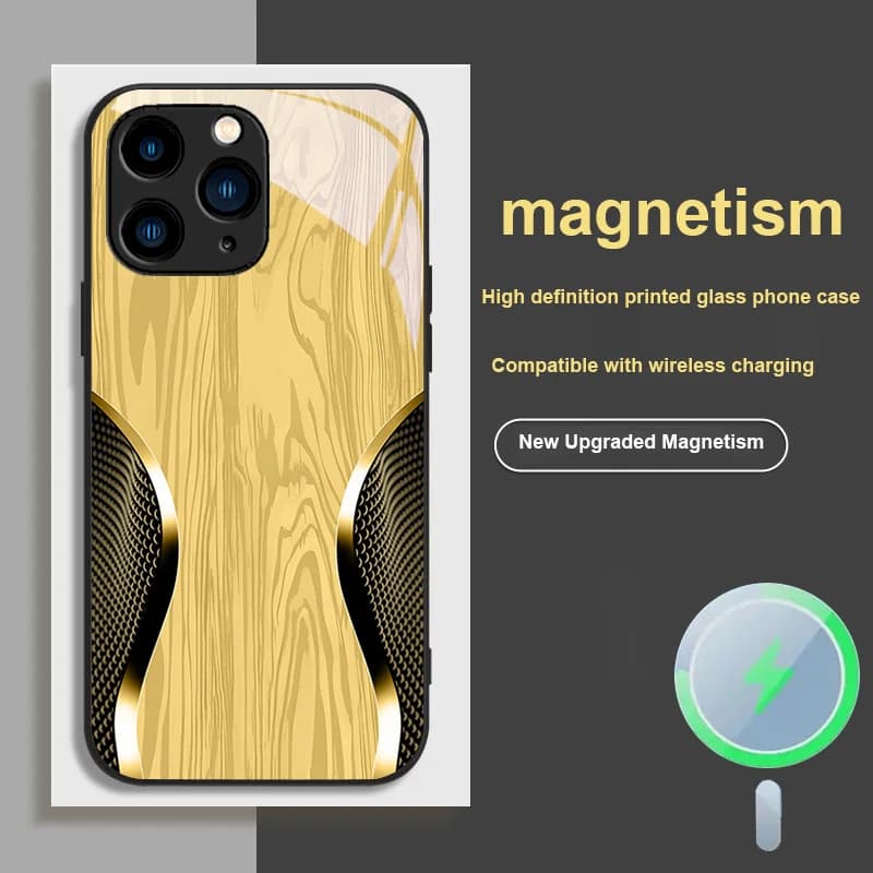 Custodia Magnetica in Vetro per iPhone 15 12 14 Pro MAX 8 11 X XR 13 16, Serie Lusso con Texture Effetto Legno Iperbolico