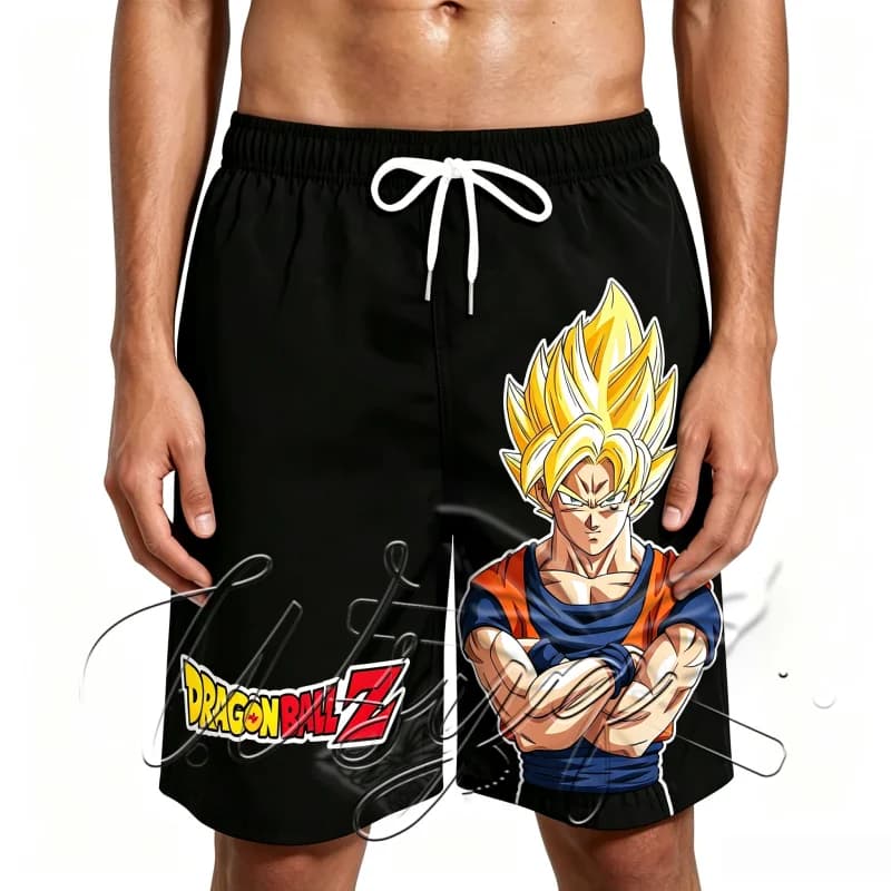 Unisex Summer Quick Dry Sports Shorts Dragon Ball Goku Cross‑Armed Print Beach Shorts Drawstring Surf Swim Trunks Short Pants