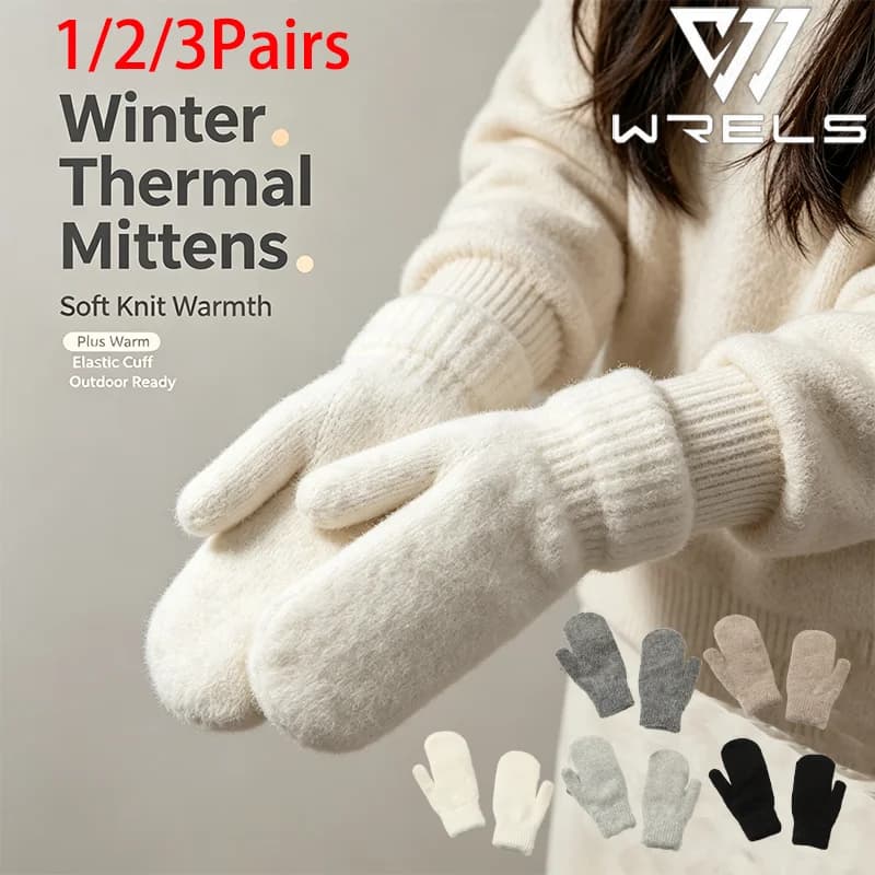 1/2/3Pairs Winter Thermal Full Finger Mittens Plus Warm Knitted Soft Cycling Sking Gloves Elastic Cute Daily Outdoor Gloves