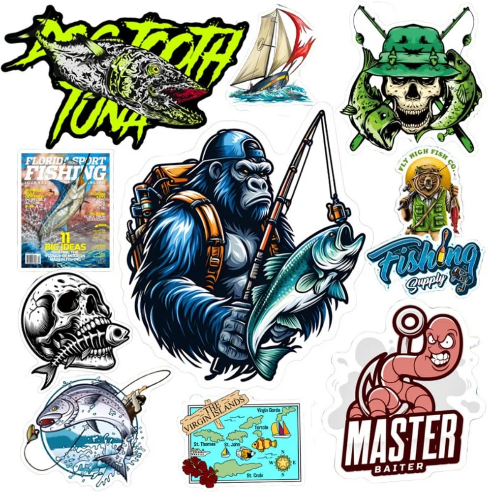 50 pieces waterproof fishing stickers set 4 styles for luggage box of equipment bait box decals for cars stickers decorative fisherman